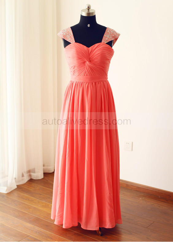 Beaded Coral Red Chiffon Corset Back Trendy Bridesmaid Dress